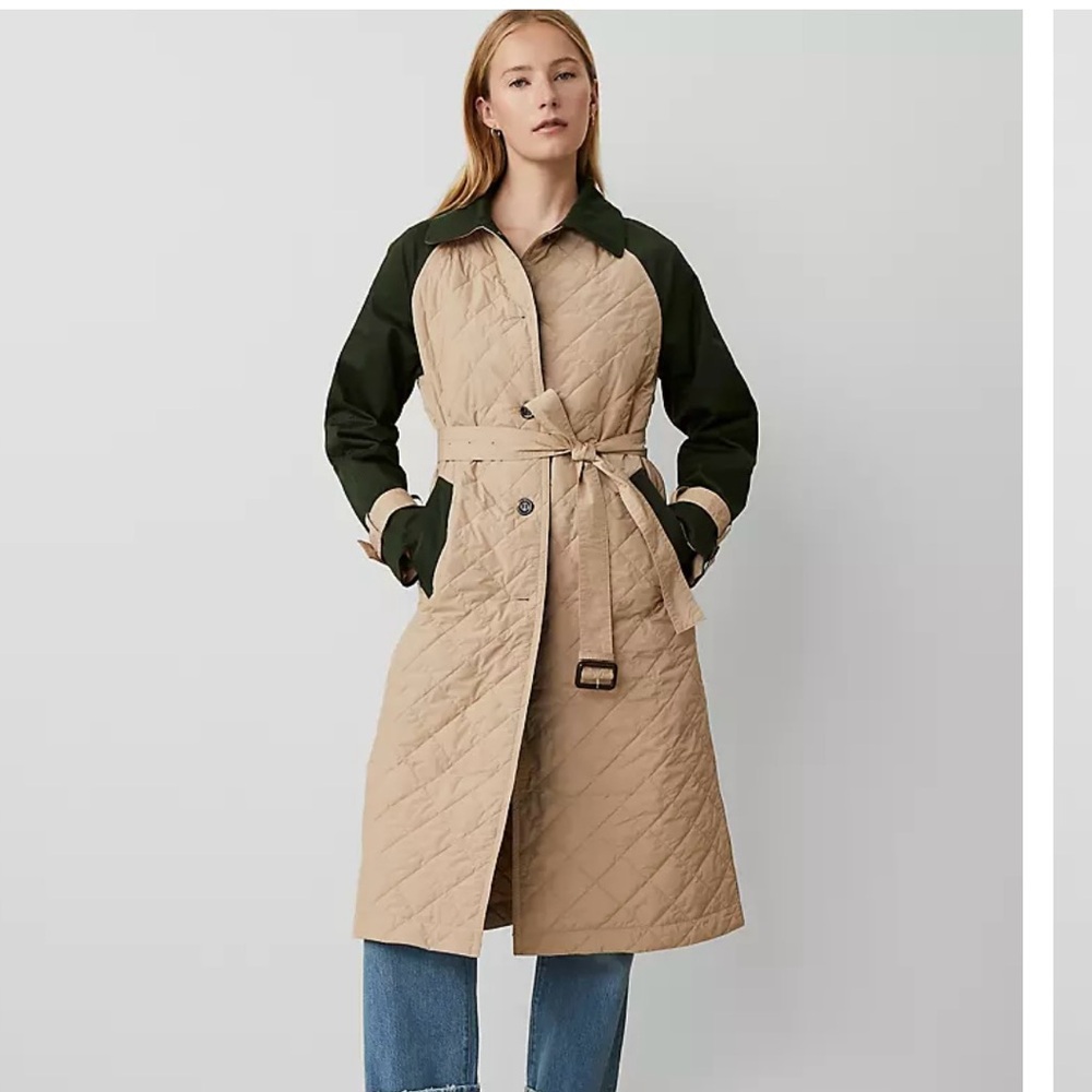 Ann Taylor Quilted Tan and Green Coat with Belt - Picture 3 of 8